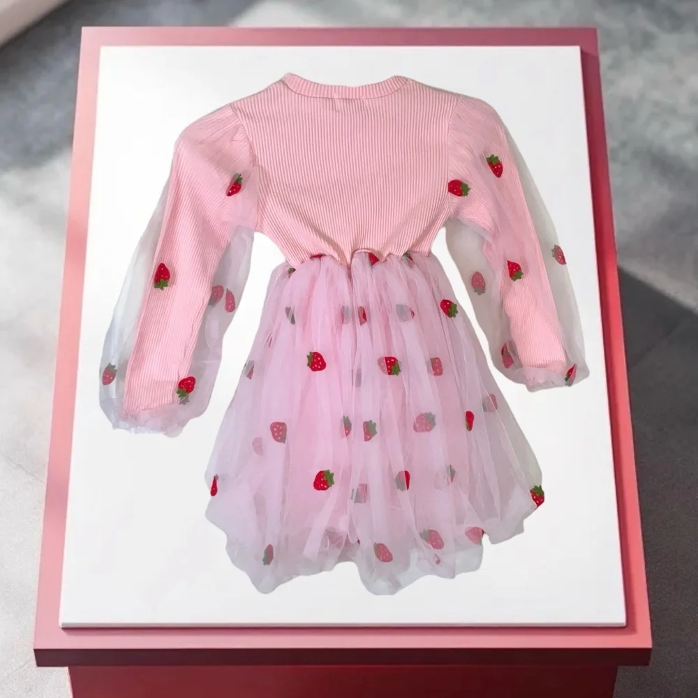 Lola & The Boys Boutique Pink Netted Strawberries Dress Spring Easter Girls Sz 8 - Picture 3 of 8